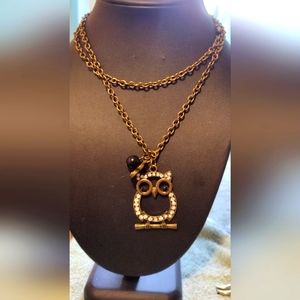 Vintage Bronze Owl Necklace with Rhinestones